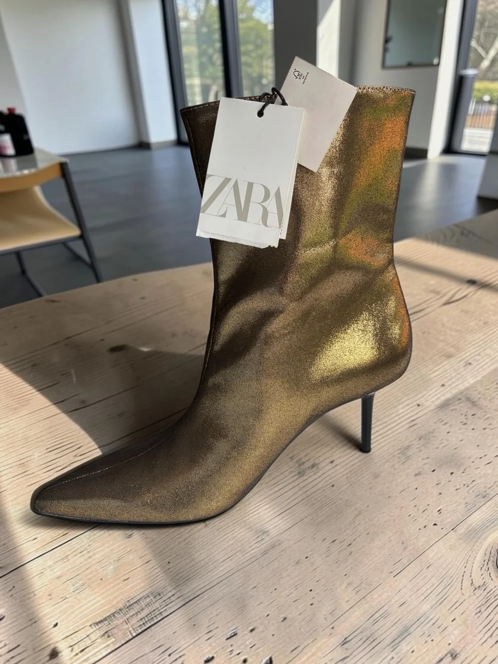 ZARA Metallic Bronze Pointed Ankle Boots Booties